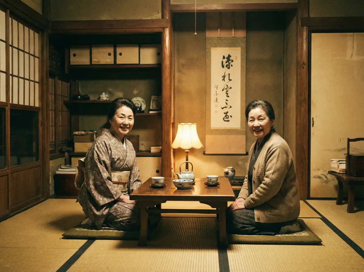 两位优雅的 百花视频 在日式茶室中品茶交谈